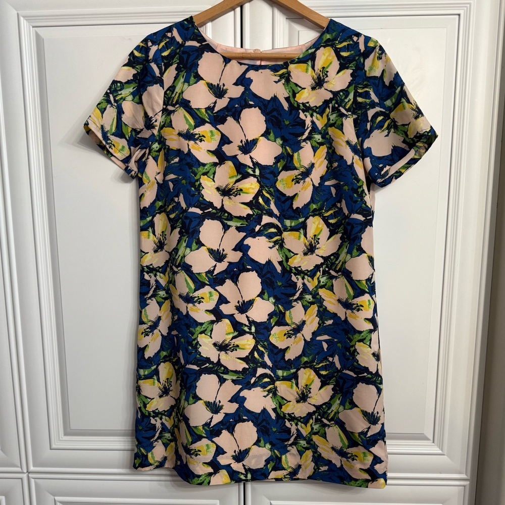 J. Crew Factory Sz 8 Petite Short Sleeve Blue w/Floral Print Shift Dress